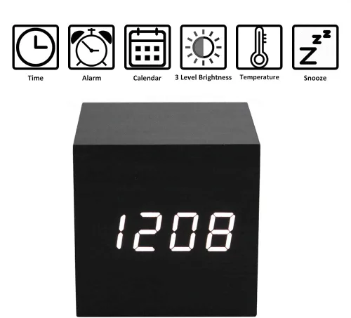 Vista 3 de ThreeH Reloj despertador digital de madera, reloj pequeño con pantalla LED de calendario de temperatura, control de sonido, modo de repetición