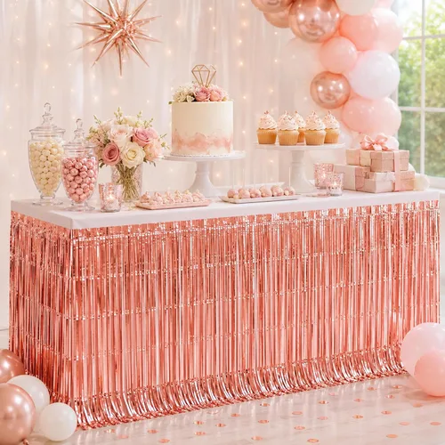 Vista 18 de Faldas de mesa de oropel de papel metálico con flecos para mesas rectangulares, cortinas de serpentina, telón de fondo para cumpleaños, boda