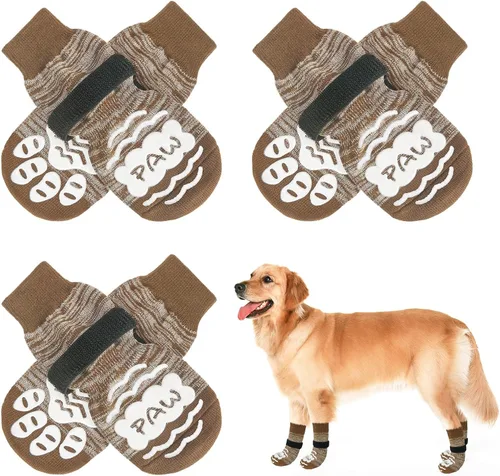 Vista 37 de BEAUTYZOO Calcetines antideslizantes para perros, zapatos de perro para pavimento frío/caliente, protectores de patas con empuñaduras, 3 pares