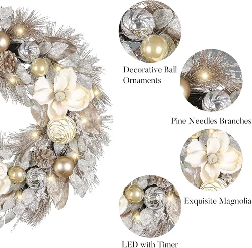 Vista 5 de Valery Madelyn Corona de Navidad de 24 pulgadas preiluminada para puerta delantera con luces, corona de Navidad iluminada plegable para exteriores