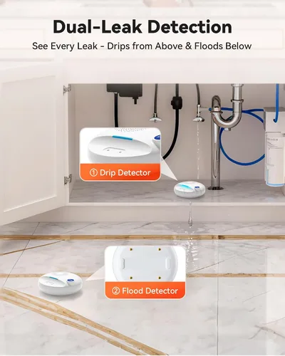 Vista 5 de PILSAMAS Detector de fugas de agua WiFi, paquete de 4 unidades (sirena) + concentrador Samrt con pantalla de números para identificar fugas, alarma