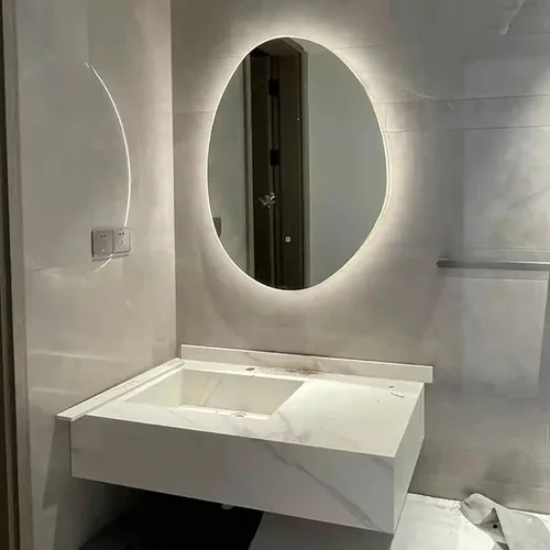 Vista 8 de Espejo de baño irregular sin marco con luces LED, espejo de pared retroiluminado de 3 colores con botones táctiles inteligentes, espejo de tocador