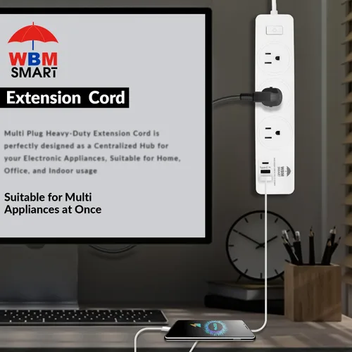 Vista 3 de WBM Smart Regleta de alimentación de 5.9 pies y 10 A, enchufe de cable de extensión con 2 puertos USB y 1 enchufe tipo C, certificado ETL, extensor