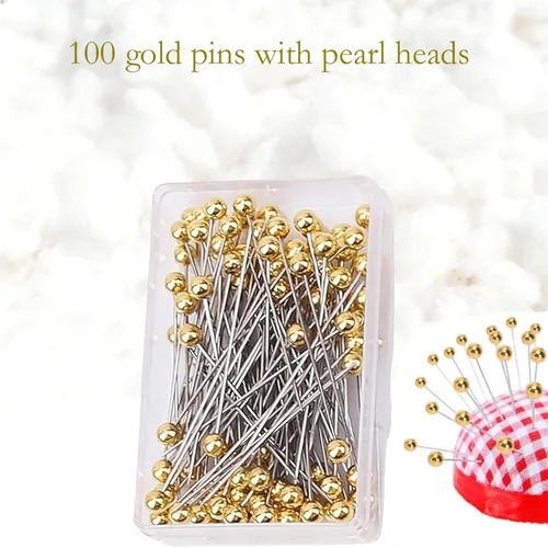 Vista 2 de 100 alfileres dorados con cabezas perladas, modista multiusos y alfileres de costura para tela, acolchado, lentejuelas y decoración de joyas