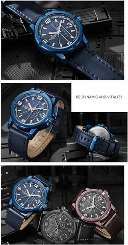 Vista 8 de NAVIFORCE Date Quartz Men Casual Militar Sports Japón Movimiento de cuarzo Relojes de pulsera de cuero genuino (azul)