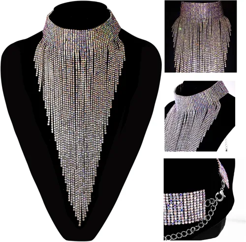 Vista 4 de Flyonce - Collar con diamantes de imitación para mujer, gargantilla con borla estilo pechera, joyería para fiesta formal