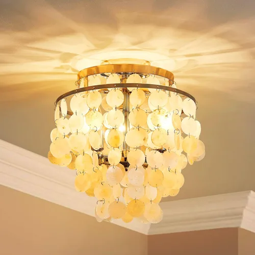 Vista 2 de AGV LIGHTING CL008S Capiz Seashell Lámpara de Techo, Montaje al Ras, D13 x H15, 3 Luces, Marco con Acabado Cromado; Perfecto para Sala de Estar