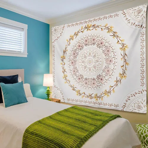 Vista 4 de Tapiz bohemio naranja para colgar en la pared, medallón floral de mandala, tapiz hippie con diseño de corona estética marrón claro, manta de Crema