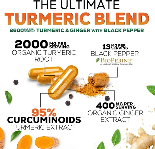 Vista 3 de Suplemento de curcumina de cúrcuma – 2000 mg de cúrcuma orgánica por porción – 95% curcuminoides, jengibre y pimienta negra BioPerine para una mejor