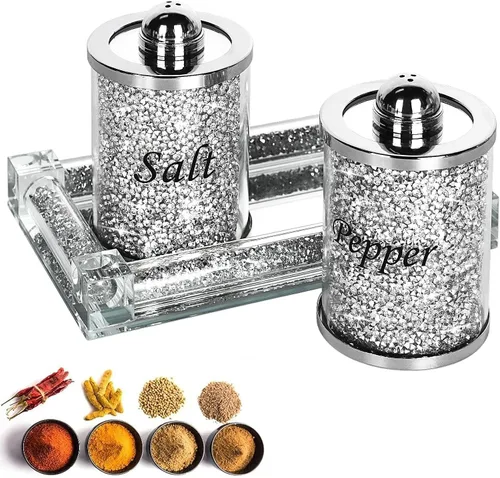 Vista 10 de Juego de saleros y pimenteros de cristal con bandeja, decoración de casa de diamantes triturados de cristal brillante para cocina, tarro de sal