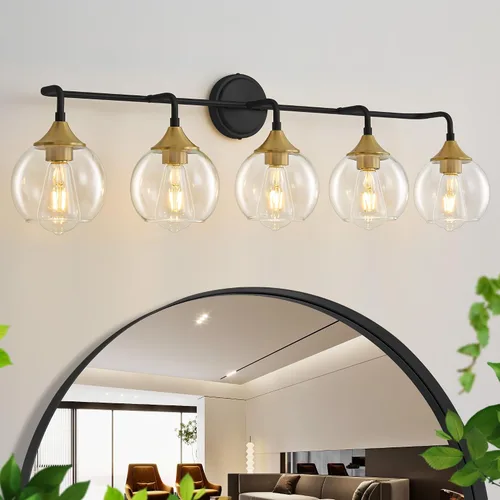 Vista 12 de Lámpara de Tocador de Baño Dorada con Pantalla de Vidrio Transparente, Base E26, Luminarias de Baño de 2 Luces Sobre Espejo, Luces de Tocador de 14