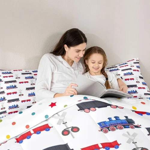 Vista 3 de Erosebridal Juego de ropa de cama de tren de dibujos animados para niños y niños, edredón de plumón de vehículos para niños, decoración