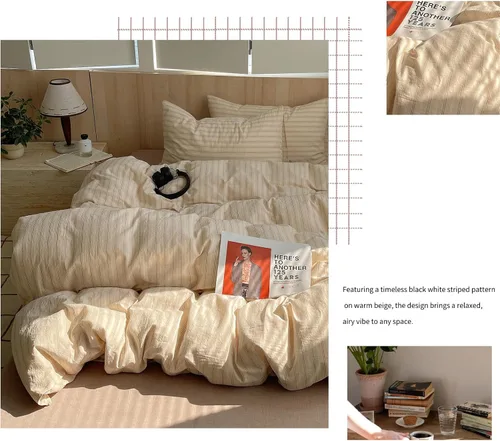 Vista 56 de mixinni Juego de funda de edredón vintage a rayas, tamaño twin, juego de ropa de cama de 3 piezas, 100% algodón lavado, suave y transpirable, funda
