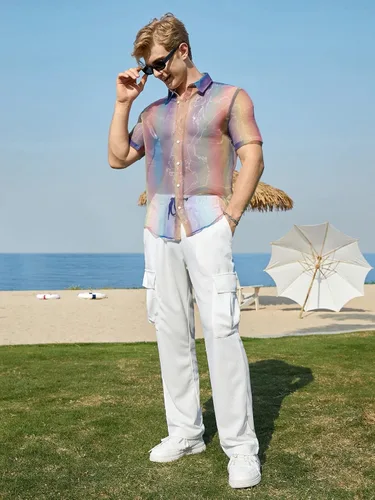 Vista 4 de WDIRARA Camisa de manga corta con botones para hombre, diseño de organza