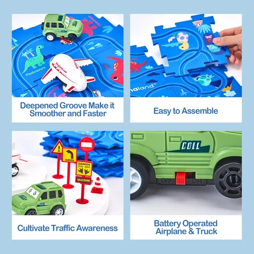 Vista 7 de hahaland Puzzle Racer Juego de Pista de Coches para Niños - Tamaño Más Grande de 5x5 Pulgadas de Cada Pieza, Juguetes para Edades 3-4, para Niños