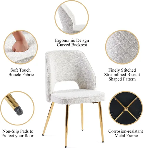 Vista 5 de NORDICANA Juego de 2 sillas de comedor modernas, sillas acentuadas tapizadas en beige bouclé con patas doradas de metal, sillas laterales