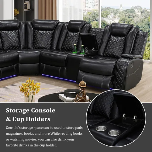 Vista 4 de Sofá Seccional Reclinable Eléctrico, Sofá Modular Seccional Reclinable de Cuero Negro, Sofá de Cuero en Forma de L con Luces LED/Cargador