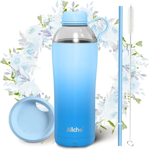 Vista 17 de Bow - Botella de agua aislada para mujeres, botellas de agua de acero inoxidable de 18 oz, de doble pared, 2 tapas (para beber y vaso) - Hidrata