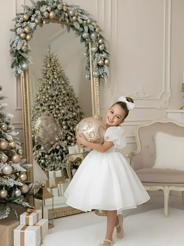Vista 5 de 2Bunnies Vestido de bebé y niña pequeña de tul de organza con mangas abullonadas, tutú revoloteante, babydoll de estilo princesa, vestido de bola