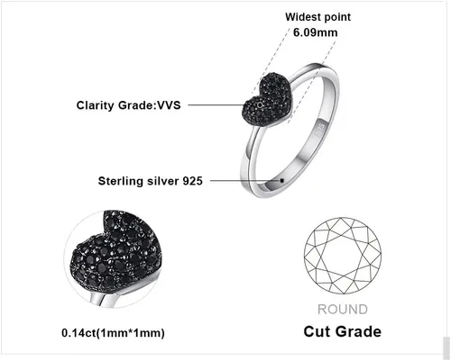 Vista 2 de JewelryPalace Love Heart - Anillos de espinela negra genuina para ella, oro blanco de 14 quilates, plata de ley 925, anillo de promesa para mujer