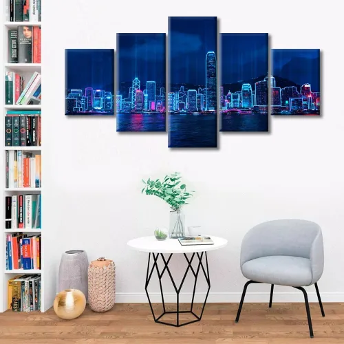 Vista 202 de Cuadros de 5 paneles de Cyberpunk City, arte de pared, representación de vallas publicitarias, edificios modernos en la capital con obras de arte