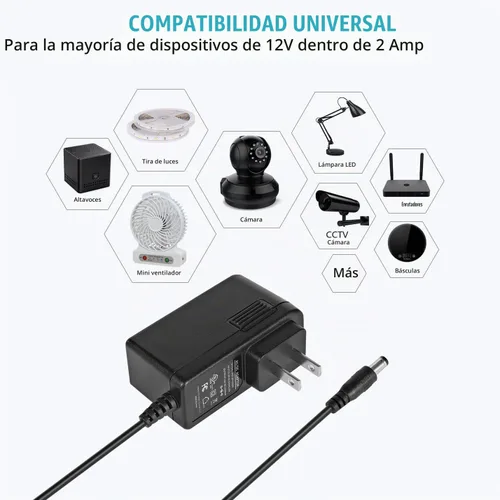Vista 7 de Adaptador CA/CC de 12 V 2 A con certificación UL, fuente de alimentación de 12 voltios 2 amperios 24 W con 10 puntas para tiras de luces LED
