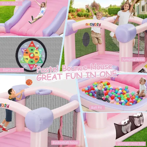 Vista 6 de AKEYDIY Pastel Dream Casa de Rebote para Niños de 3-10, Casa de Rebote de Agua de 161x82x63 pulgadas con Tobogán, Piscina de Pelotas/Foso