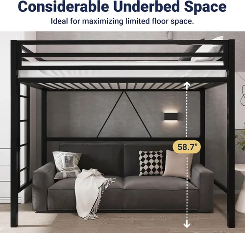 Vista 5 de Allewie Cama alta de metal tamaño individual con barandilla y escalera, diseño pequeño que ahorra espacio para dormitorio, habitación de niños