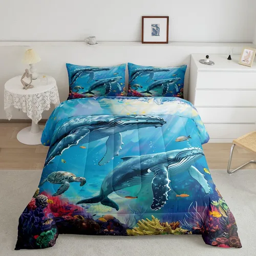 Vista 34 de Erosebridal Blue Ocean - Juego de edredón tamaño individual Juego de ropa de cama de ballena delfín y tortuga marina para niños y niñas, juego