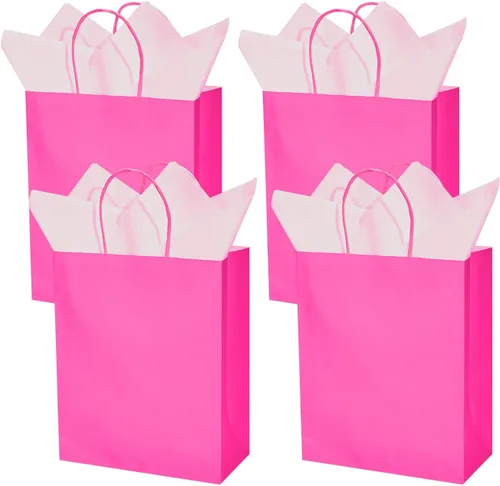 Vista 4 de DjinnGlory Paquete de 24 bolsas de regalo de papel rosa intenso de tamaño mediano con asas de 10 x 8 x 4 pulgadas y 24 papel de seda rosa para Rosa