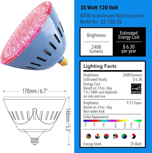 Vista 2 de LAMPAOUS Bombilla LED para piscina de 35 W RGB que cambian de color, compatible con Pentair, luces de piscina Hayward, iluminación submarina de 120