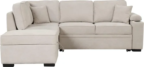 Vista 9 de Sofá modular modular de 87.4 pulgadas para sala de estar, sofá cama convertible en forma de L, sofá cama extraíble 2 en 1 con puertos de carga USB