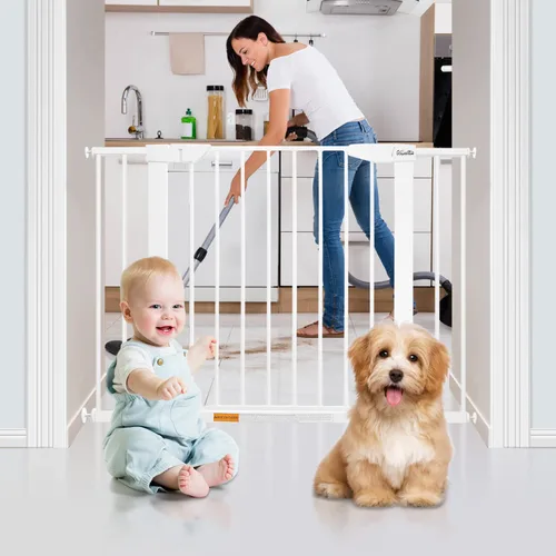 Vista 2 de Puerta extra ancha de 29.5 a 43.3 pulgadas para mascotas, puerta de seguridad de cierre automático para bebé, puerta de metal duradera para perros