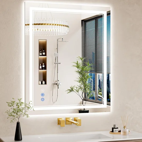 Vista 22 de Espejo de baño LED de 22 x 30 pulgadas con luces, antiniebla, retroiluminado + luz frontal, regulable, espejo de tocador LED para pared, espejo
