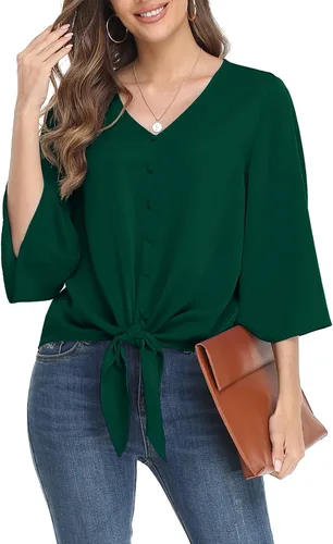 Vista 13 de VIISHOW Blusas de verano para mujer, con botones, cuello en V, de gasa, mangas acampanadas de 3/4, con nudo, casuales 01 Blanco