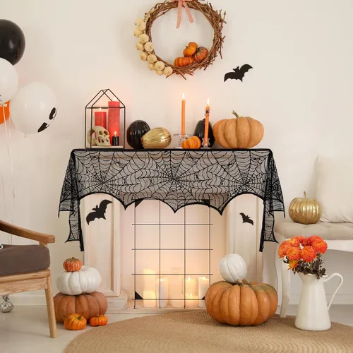 Vista 8 de Camino de mesa de Halloween, tela de araña de encaje negro, para decoración de Halloween, fiesta, decoración de mesa de comedor, 18 x 72 pulgadas