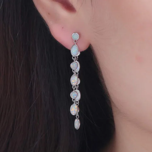 Vista 3 de CiNily Aretes colgantes chapados en oro blanco de 18 quilates con ópalo Sutd para mujer, aretes colgantes de piedras preciosas de ópalo para regalar