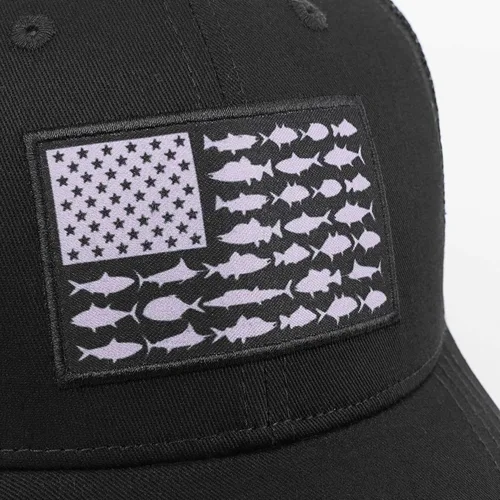 Vista 5 de Sombrero de camionero con bandera de pez estadounidense, regalos de pesca para hombres, sombrero de pesca Snapback perfecto para pesca y uso diario