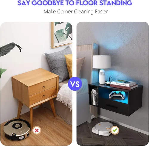 Vista 6 de Homaterial Mesita de noche flotante con estación de carga y luces LED, mesita de noche flotante con cajones, mesitas de noche montadas en la pared