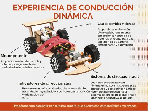 Vista 3 de Kit de ciencia de madera con control remoto inalámbrico R/C de carreras F1 para construir (paquete de carreras de 2), kit de proyecto científico