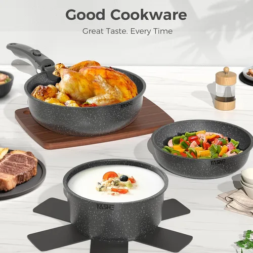 Vista 8 de YASHE 9Pcs Granite Nonstick Pots and Pans Set, Stackable, Oven Safe