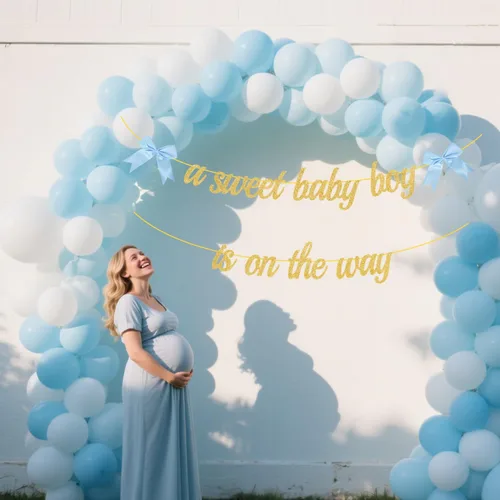 Vista 4 de ALISSAR Cartel azul preencordado para baby shower para niño - Decoración de baby shower con letras y lazo con purpurina