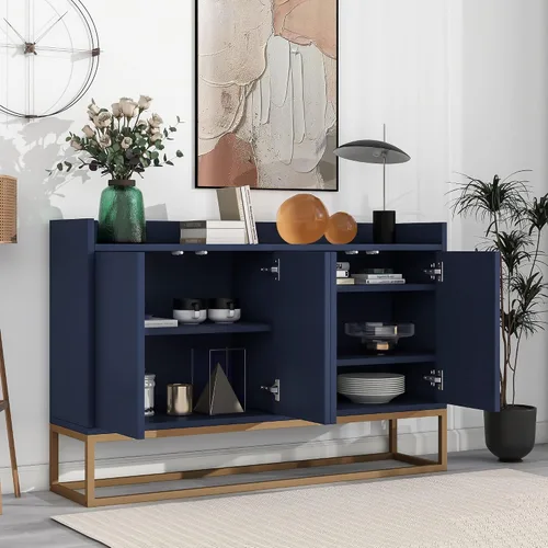 Vista 11 de Aparador moderno de gran espacio de almacenamiento con puerta de ratán artificial, mesa de consola con 4 puertas y estante ajustable, mesa de Blanco