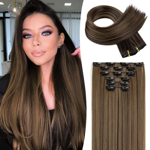 Vista 13 de LONAI 6 extensiones de cabello con clip, 24 pulgadas de largo, lacio, sintético, postizo para mujer, rubio ceniza natural