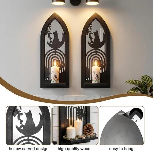 Vista 7 de Juego de 2 candelabros de pared de madera, portavelas rústico con espejo, marco de madera tallada, decoración de pared colgante para sala de estar