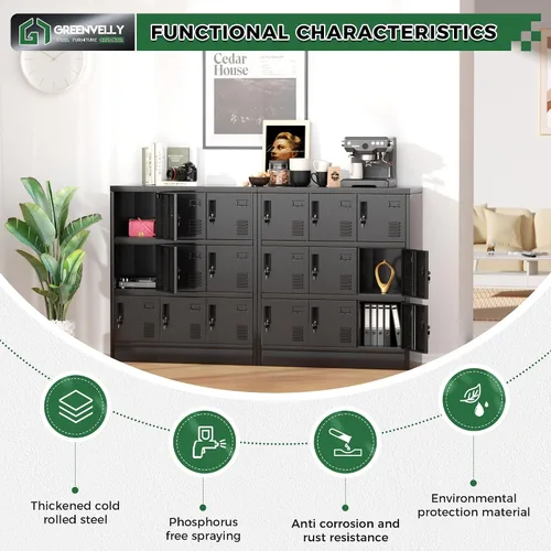Vista 5 de Greenvelly Gabinete de almacenamiento de 9 puertas para empleados, casillero de metal para oficina, gimnasio, escuela, casillero de acero negro