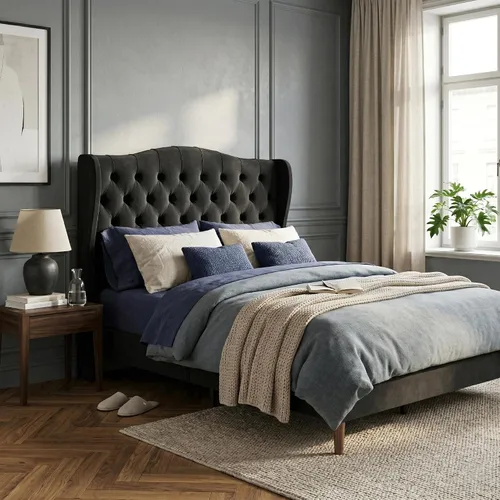 Vista 16 de Base de cama matrimonial con cabecera de almacenamiento con respaldo alado de 51.8 pulgadas, plataforma tapizada gris con estación de carga (tipo C)