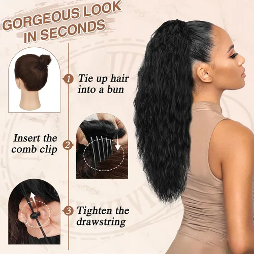 Vista 4 de BARSDAR Extensión de cola de caballo rizada ondulada con cordón negro marrón – 22 pulgadas de extensión de cabello sintético con peine de clip