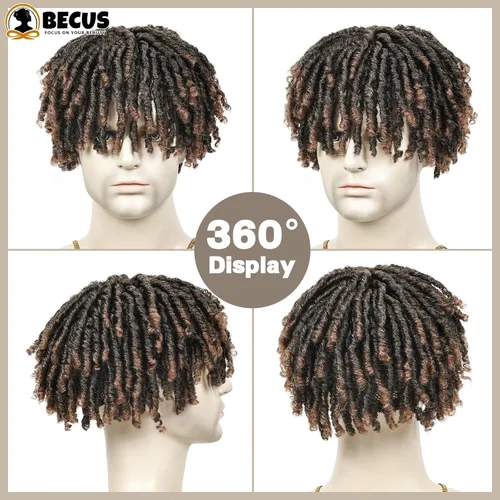 Vista 9 de BECUS Peluca de pelo marrón con rastas para hombres y mujeres negros, peluca corta trenzada sintética para uso diario, fiesta de cosplay (marrón)