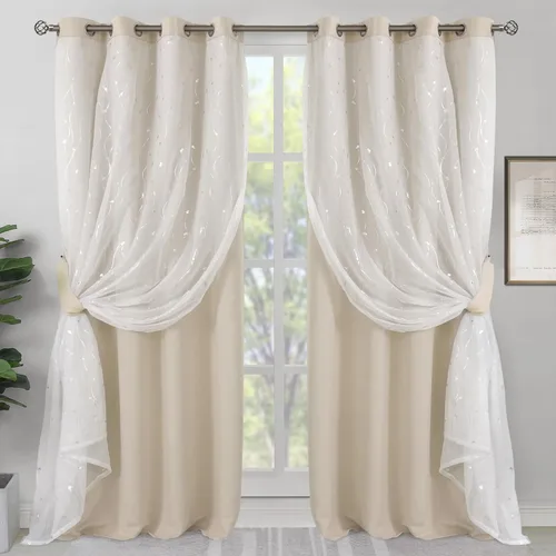 Vista 26 de BGment Cortinas de oscurecimiento de habitación con superposición transparente, cortinas de tul estampado plateado de doble capa para sala de estar
